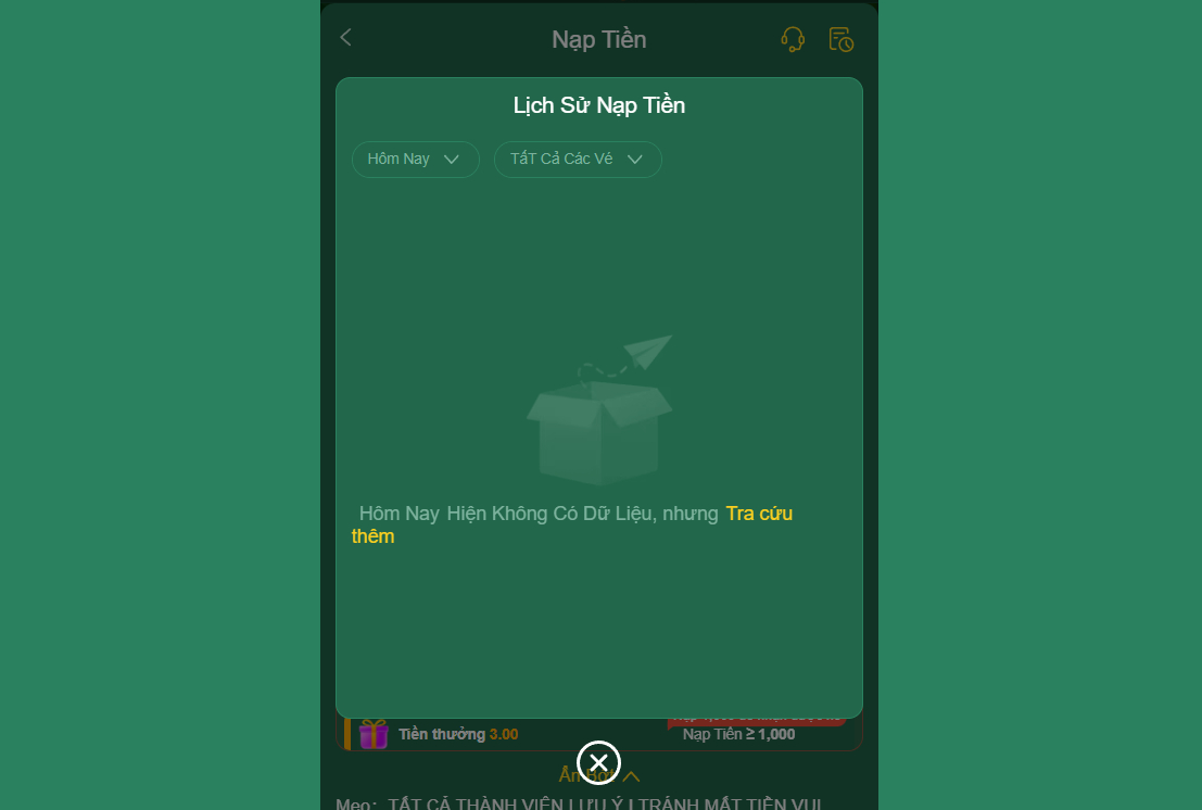 Kế bên nút liên hệ CSKH là nút mở Lịch sử nạp tiền EV88