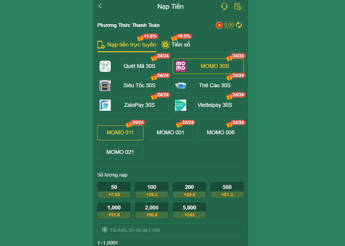 Nạp tiền EV88 thông qua ví điện tử MOMO, Zalopay và Viettelpay có giao diện tương tự nhau