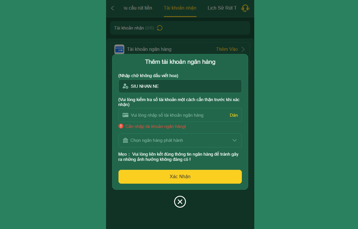 Thêm tài khoản ngân hàng nếu chọn hình thức rút tiền EV88 là về tài khoản thanh toán