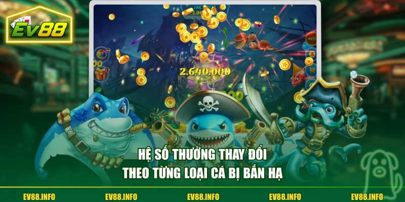 Hệ số thưởng thay đổi theo từng loại cá bị bắn hạ